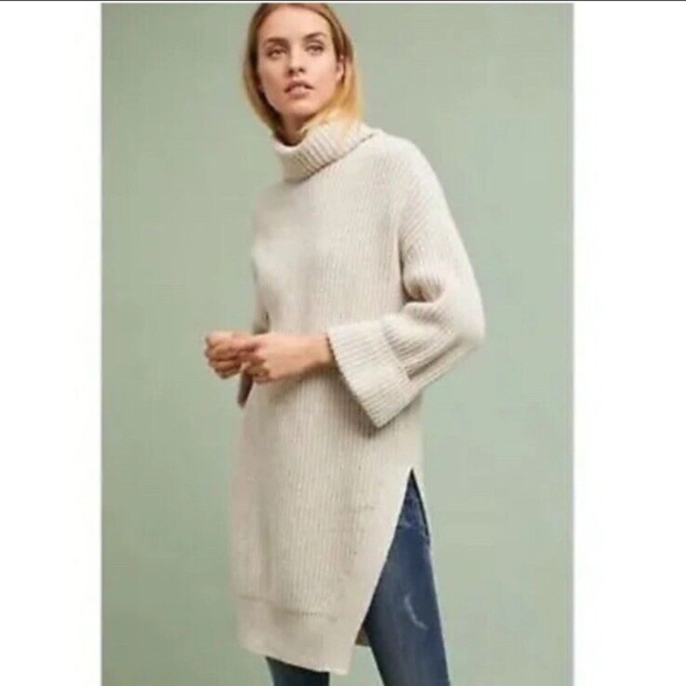 {Anthropologie} Moth Sweater Womens S Oatmeal Ribbed Turtleneck Tunic Side Slit